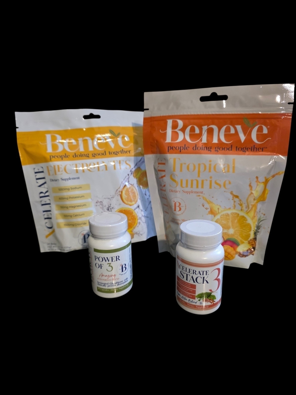 Beneve Bundle: Xcelerate Tropical Sunrise, Elextrolytes, Stack 3 And Power Of 3